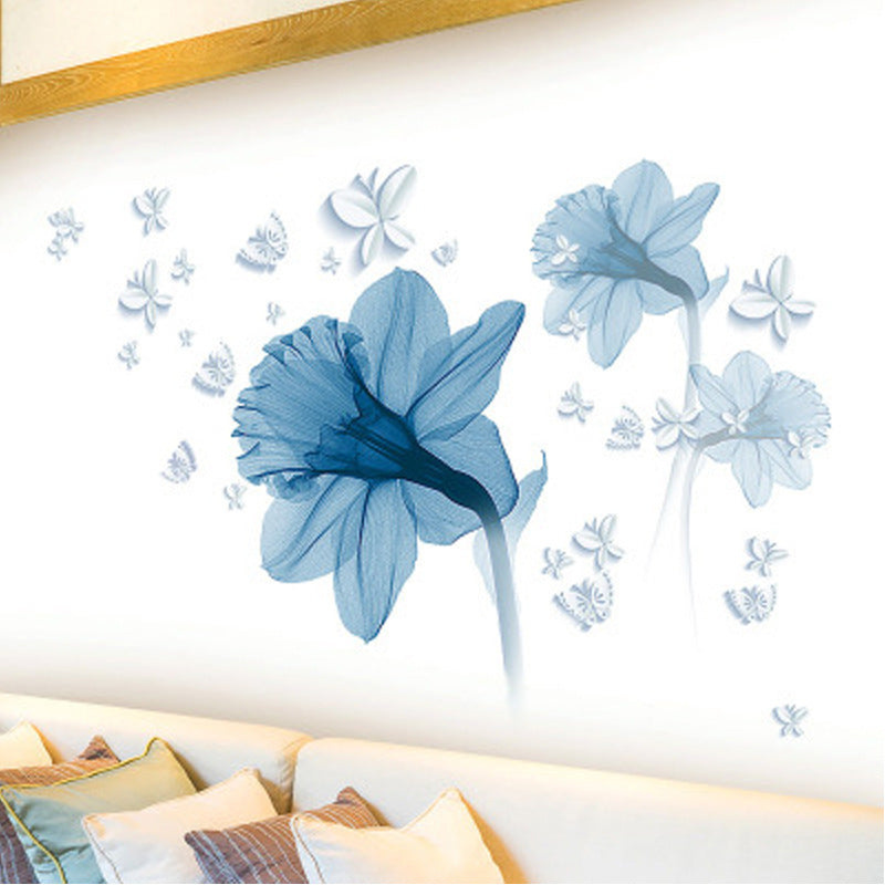 Nordic Blue Flower Wall Stickers – Elegant Removable Floral Wall Art for Living Room Decor