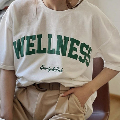 Wellness Sporty & Rich Creativity Letter Cotton Tee – Oversized Graphic T-Shirt for Women