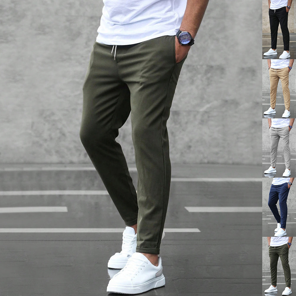 Men's Slim Fit Casual Drawstring Pants with Pockets – Mid-Waist Straight-Leg Trousers