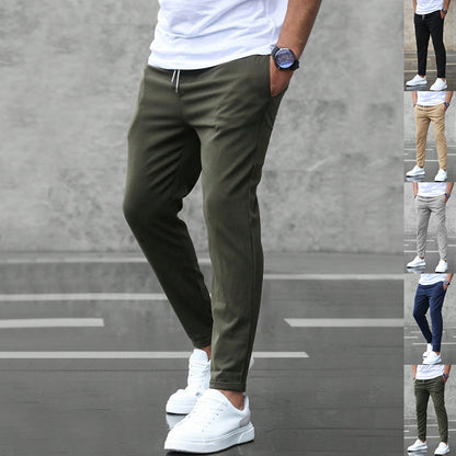 Men's Slim Fit Casual Drawstring Pants with Pockets – Mid-Waist Straight-Leg Trousers