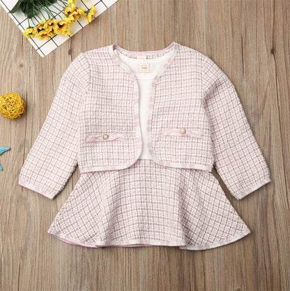 Baby Girl Two-Piece Long-Sleeved Dress Set – Korean-Inspired Plaid Outfit for Toddlers