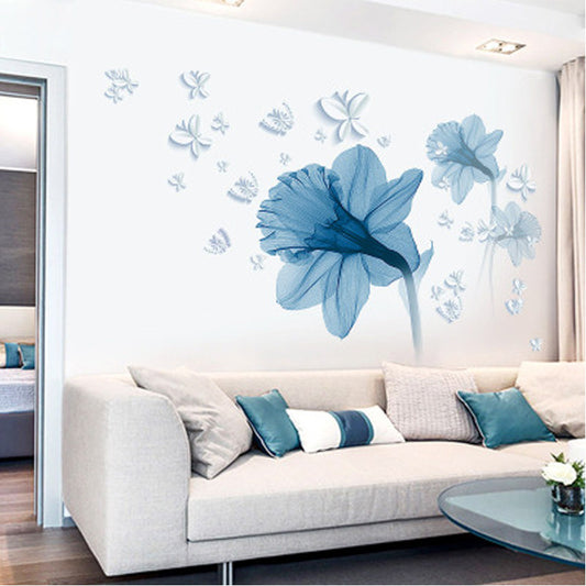 Nordic Blue Flower Wall Stickers – Elegant Removable Floral Wall Art for Living Room Decor