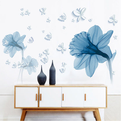 Nordic Blue Flower Wall Stickers – Elegant Removable Floral Wall Art for Living Room Decor