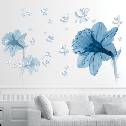 Nordic Blue Flower Wall Stickers – Elegant Removable Floral Wall Art for Living Room Decor