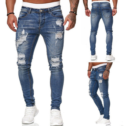 Men's Fashion Street Style Ripped Skinny Jeans Vintage Wash Slim Fit Denim Pants