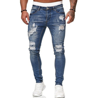 Men's Fashion Street Style Ripped Skinny Jeans Vintage Wash Slim Fit Denim Pants