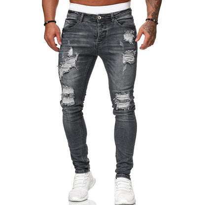 Men's Fashion Street Style Ripped Skinny Jeans Vintage Wash Slim Fit Denim Pants