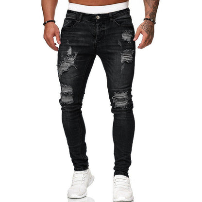 Men's Fashion Street Style Ripped Skinny Jeans Vintage Wash Slim Fit Denim Pants