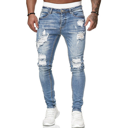 Men's Fashion Street Style Ripped Skinny Jeans Vintage Wash Slim Fit Denim Pants