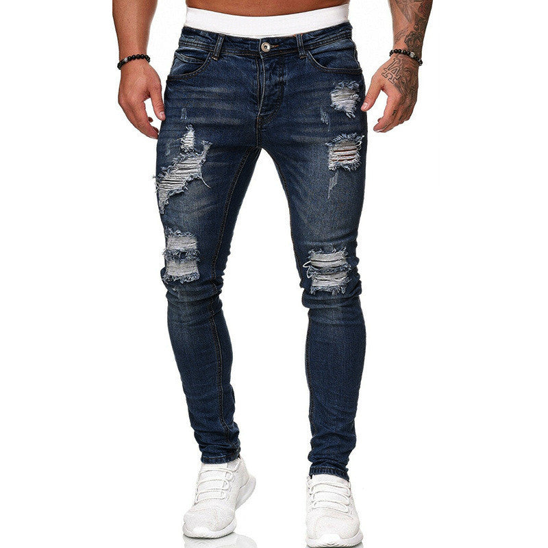 Men's Fashion Street Style Ripped Skinny Jeans Vintage Wash Slim Fit Denim Pants