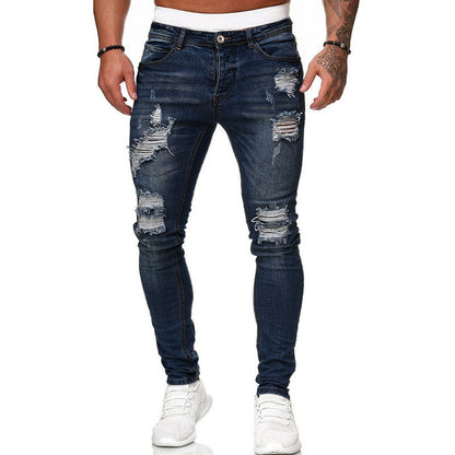 Men's Fashion Street Style Ripped Skinny Jeans Vintage Wash Slim Fit Denim Pants