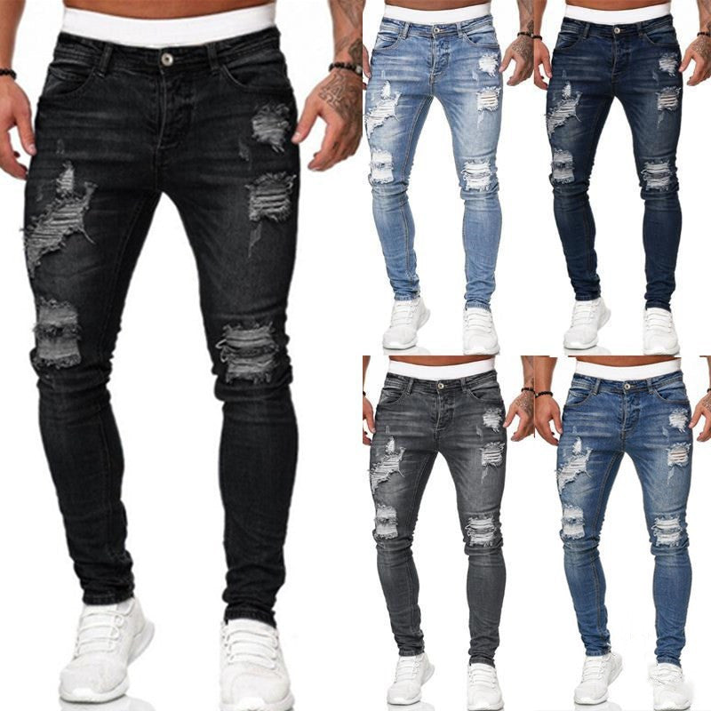 Men's Fashion Street Style Ripped Skinny Jeans Vintage Wash Slim Fit Denim Pants