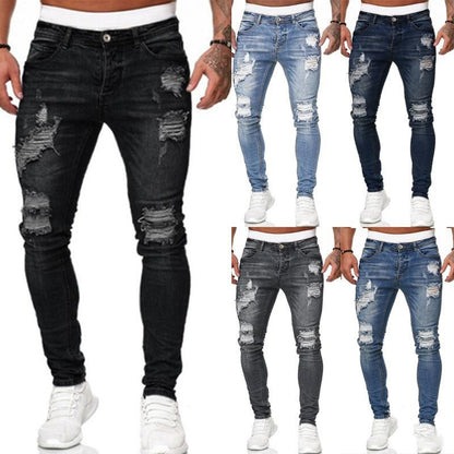 Men's Fashion Street Style Ripped Skinny Jeans Vintage Wash Slim Fit Denim Pants