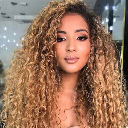 Long Curly Hair Wig - African Small Curls with Gradual Brown Dye