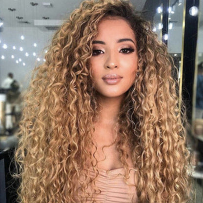Long Curly Hair Wig - African Small Curls with Gradual Brown Dye