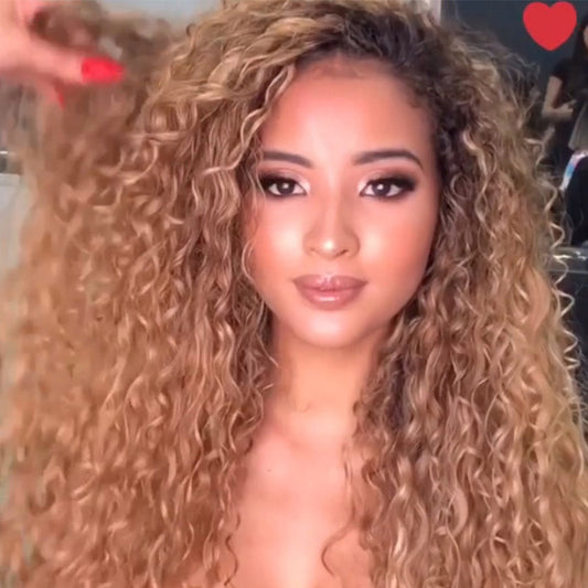 Long Curly Hair Wig - African Small Curls with Gradual Brown Dye