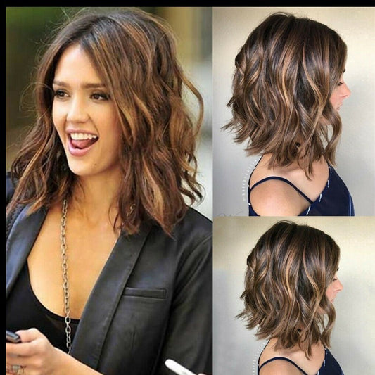 Women's Medium-Length Curly Synthetic Wig - Black & Brown Mix with Rose Net Cap