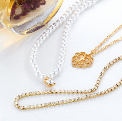 Elegant Pearl Drops Love Necklace – Multilayer Rhinestone Clavicle Chain