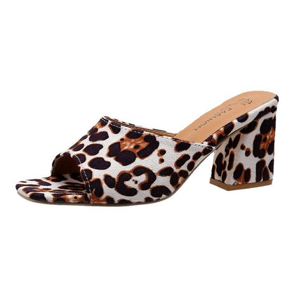 Leopard Square Toe High-Heeled Sandals - Chic Summer Style
