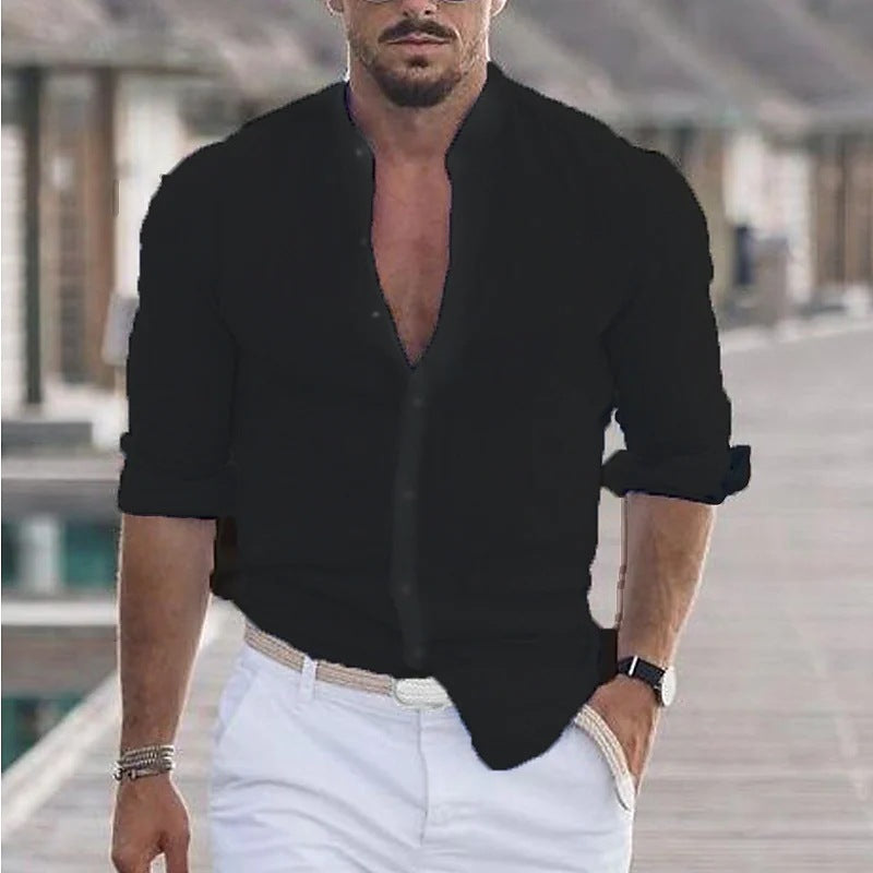 Men's Long Sleeve Button-Up Casual Solid Color Shirt for Spring & Autumn