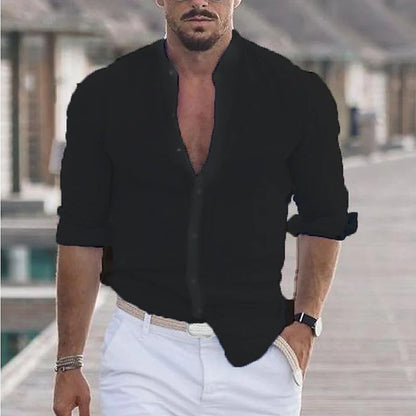 Men's Long Sleeve Button-Up Casual Solid Color Shirt for Spring & Autumn