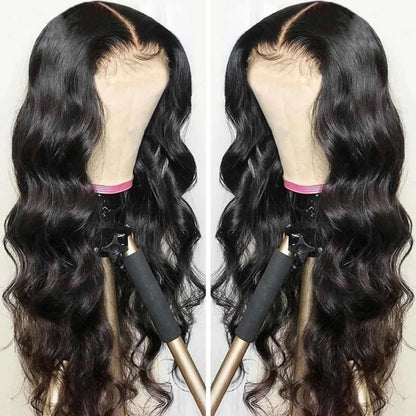 Luxurious Long Black Wavy Wig – 28" Heat-Resistant Synthetic Hair with Middle Part