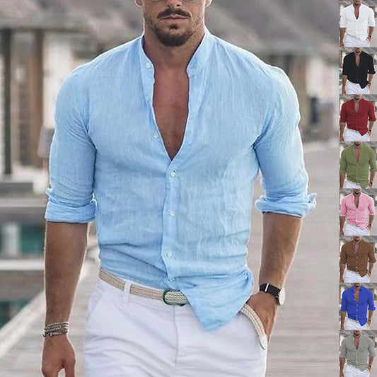 Men's Long Sleeve Button-Up Casual Solid Color Shirt for Spring & Autumn