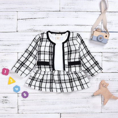 Baby Girl Two-Piece Long-Sleeved Dress Set – Korean-Inspired Plaid Outfit for Toddlers