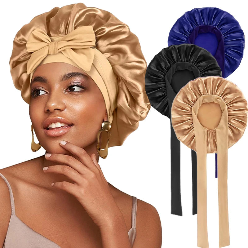 New Satin Solid Sleeping Hat With Stretchy Tie Band Elastic For Women Night Shower Cap Adjustable Hair Head Cover Bonnet Turban