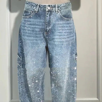 ✨ Shiny Straight Wide-Leg Jeans with Pockets – Trendy Street Style for Women