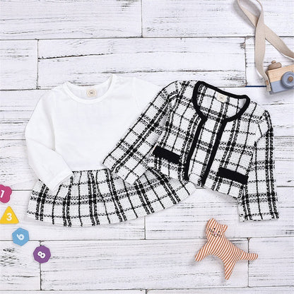 Baby Girl Two-Piece Long-Sleeved Dress Set – Korean-Inspired Plaid Outfit for Toddlers