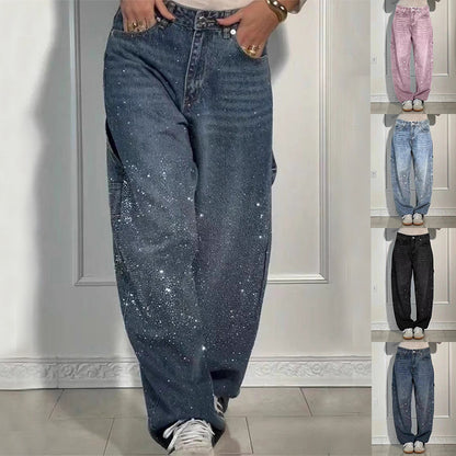 ✨ Shiny Straight Wide-Leg Jeans with Pockets – Trendy Street Style for Women