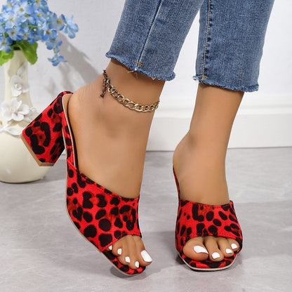 Leopard Square Toe High-Heeled Sandals - Chic Summer Style