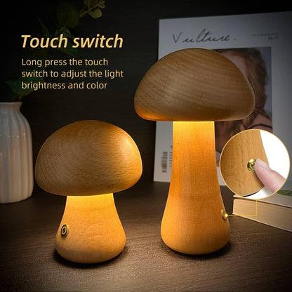 INS Wooden Mushroom LED Night Light – Touch-Controlled Bedside Lamp for Bedroom & Nursery
