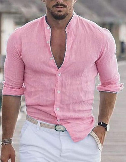 Men's Long Sleeve Button-Up Casual Solid Color Shirt for Spring & Autumn