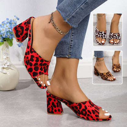 Leopard Square Toe High-Heeled Sandals - Chic Summer Style