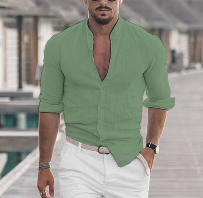 Men's Long Sleeve Button-Up Casual Solid Color Shirt for Spring & Autumn
