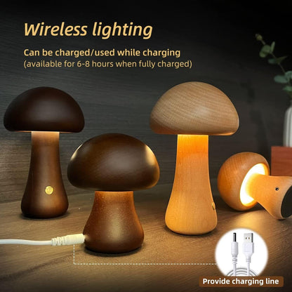 INS Wooden Mushroom LED Night Light – Touch-Controlled Bedside Lamp for Bedroom & Nursery