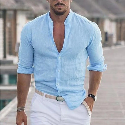 Men's Long Sleeve Button-Up Casual Solid Color Shirt for Spring & Autumn