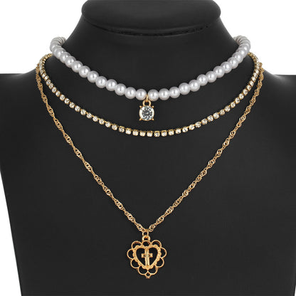 Elegant Pearl Drops Love Necklace – Multilayer Rhinestone Clavicle Chain