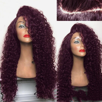 Women's Long Curly Wine Red Synthetic Wig - Fluffy & Stylish Design