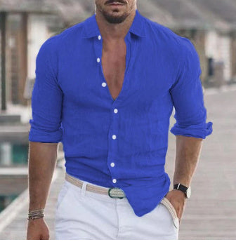 Men's Long Sleeve Button-Up Casual Solid Color Shirt for Spring & Autumn