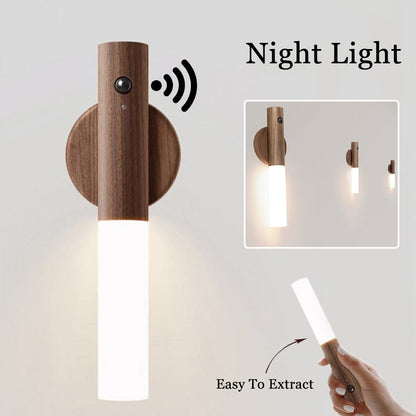 Auto LED USB Magnetic Wood Wireless Night Light – PIR Motion Sensor Wall & Cabinet Lamp