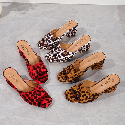 Leopard Square Toe High-Heeled Sandals - Chic Summer Style