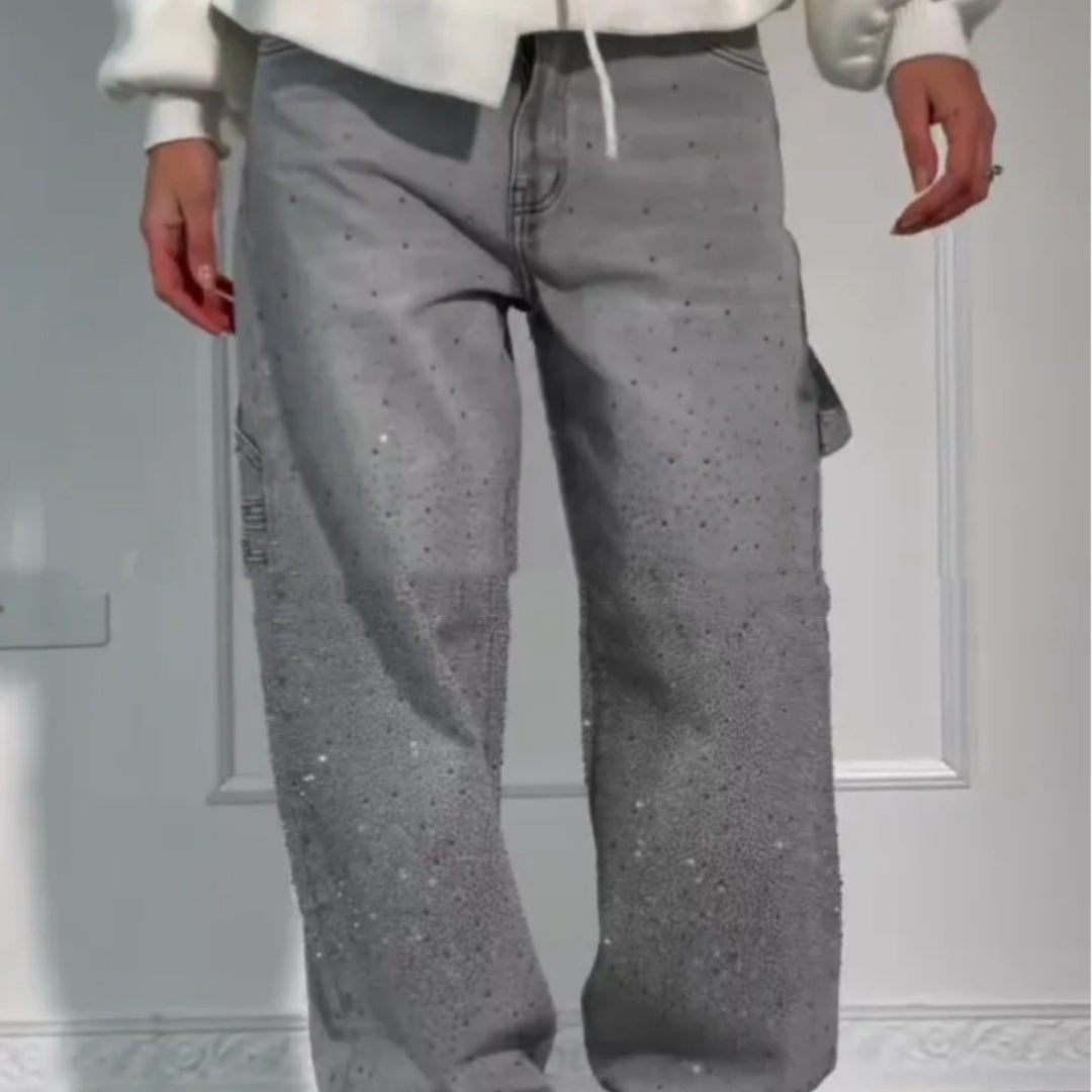 ✨ Shiny Straight Wide-Leg Jeans with Pockets – Trendy Street Style for Women