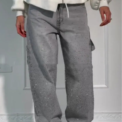 ✨ Shiny Straight Wide-Leg Jeans with Pockets – Trendy Street Style for Women