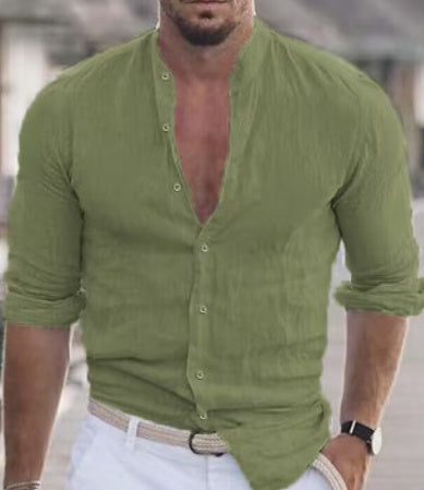 Men's Long Sleeve Button-Up Casual Solid Color Shirt for Spring & Autumn