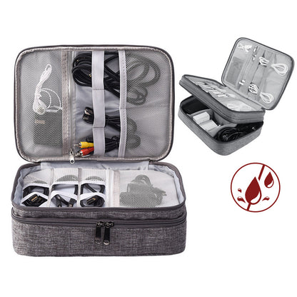 Waterproof Electronics Organizer Travel Case – Double-Layer Cable & Charger Storage Bag with Adjustable Dividers