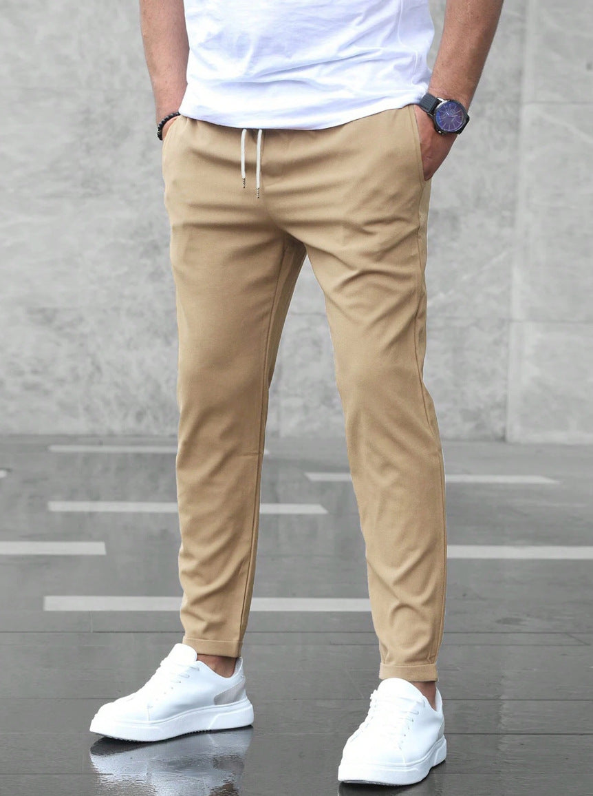 Men's Slim Fit Casual Drawstring Pants with Pockets – Mid-Waist Straight-Leg Trousers