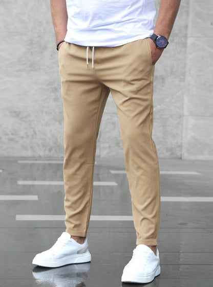Men's Slim Fit Casual Drawstring Pants with Pockets – Mid-Waist Straight-Leg Trousers